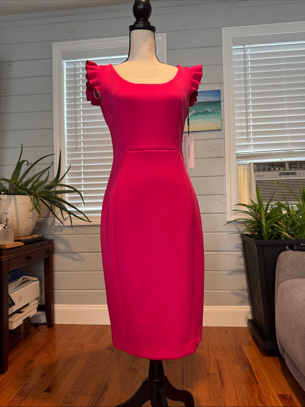 Calvin Klein Fuchsia Ruffle-Sleeve Midi Sheath Dress